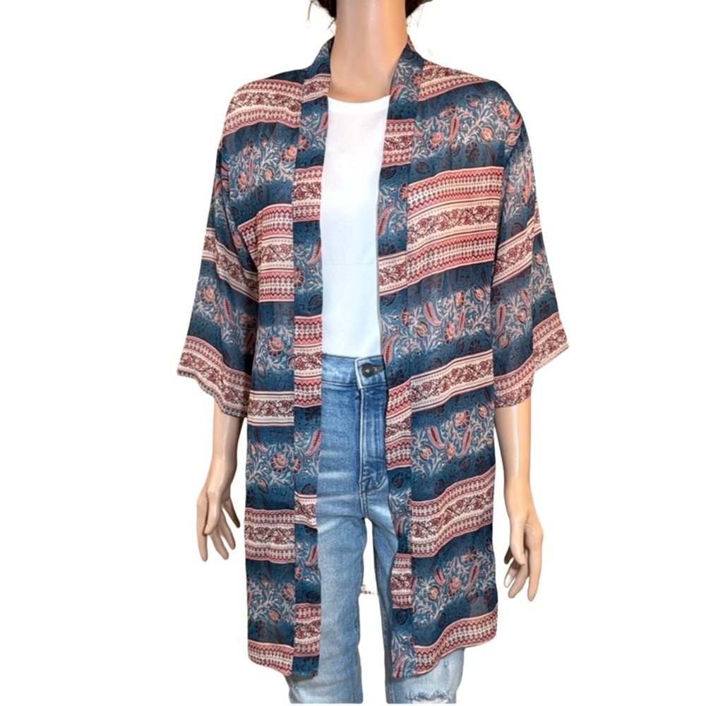 Wallflower Blue Red Boho Print Kimono Cardigan Festival Layer Size S‎